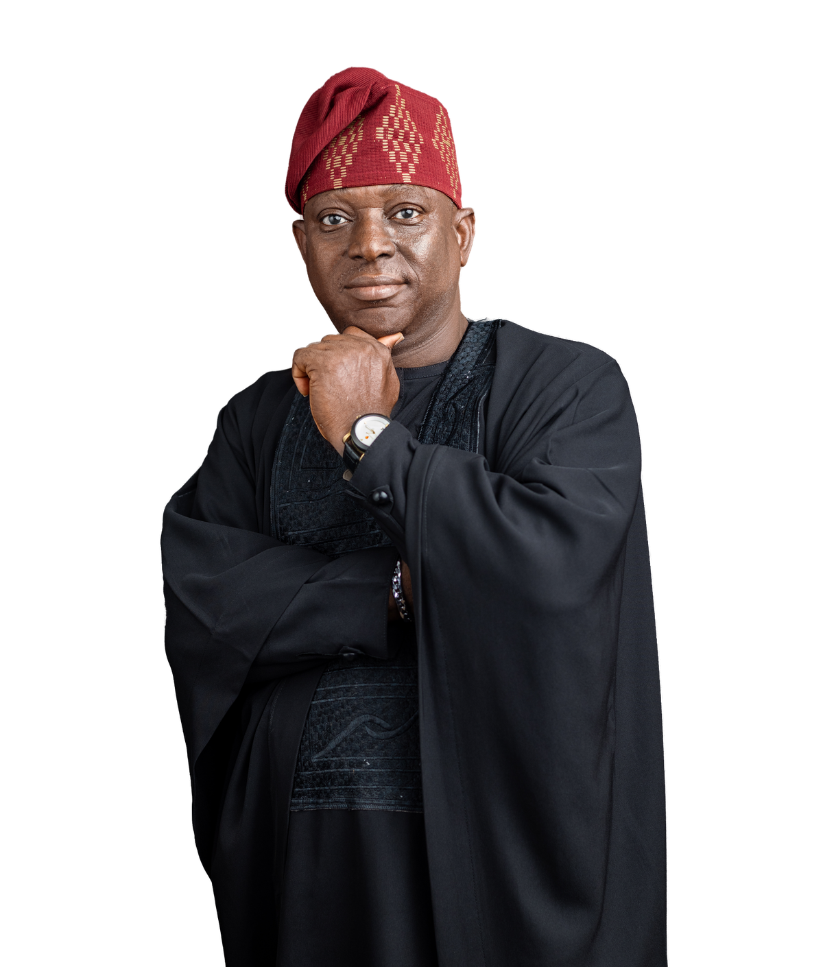Kunle Olatunji in traditional Yoruba attire with coral beads