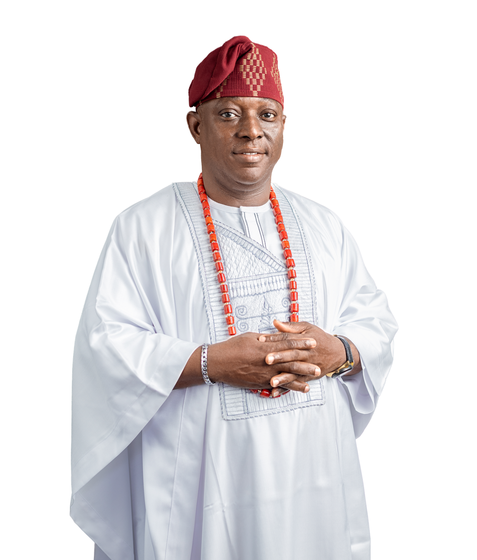 Kunle Olatunji in white agbada, red aso-oke cap and coral beads — ADP Governorship Candidate for Oyo State 2027